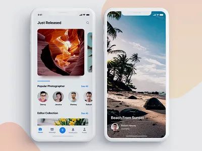 Freebie Photo Sharing Mobile App app application screen page field button freebie free download unlimited interaction modern minimal clean interface experience mobile iphone ios material photo image camera picture photographer social iphonex sea beach ocean tree typography logo flat ui ux user web website webdesign