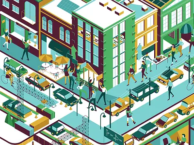 City Scenes buildings cars character city illustration isometric illustration people vector