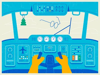 Airplane Cockpit air freshener aircraft airplane animation cabin cloud controls display flat flight deck glasses hands illustration line motion graphic sky steering steering wheel texture windshield wiper