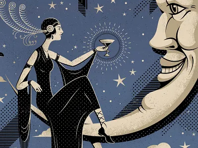 Gin art deco booze character cocktail gin liquor moon poster print screen print woman