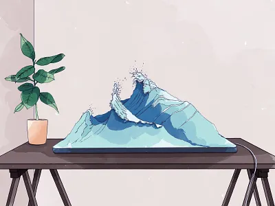 Waves hand drawn illustration ink pastel pendrawing plant watercolor wave