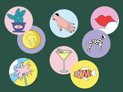 Sticker design dog fish flat hand icon illustration palmtree pattern vector