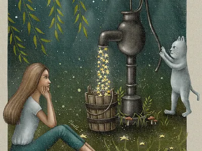 Drawing Stars artwork bookcover cat drawing dreamy fairytale forest illustration illustration art midnight moonlight night painting star starry sky storybook