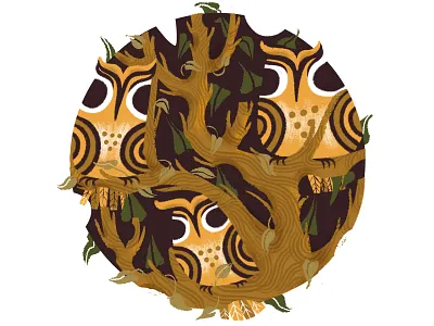 Three Owls birds branches design digital feathers illustation leaves nature oak owl owls photoshop tree