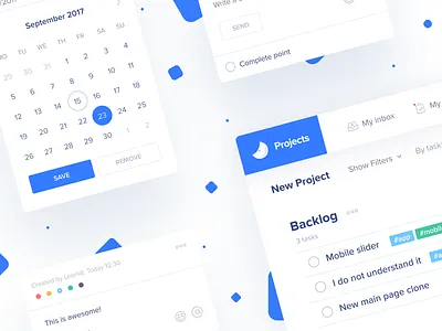 Project management UI elements 💙 blue calendar comment datepicker dates interface manager project management project management tool saas snap space tasks teampaper teampaper snap ui ui ux white