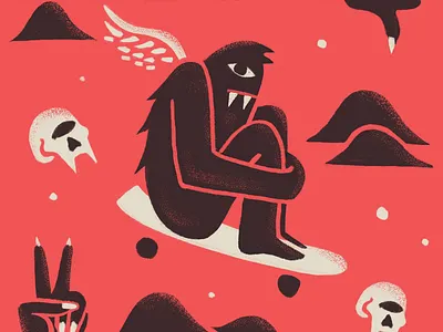 Bomb Hills illustration minimal monster pattern red and black skateboard skull texture wing