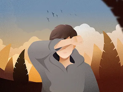 Awakening bird blue boy gray illustration matinal sky tree white yellow