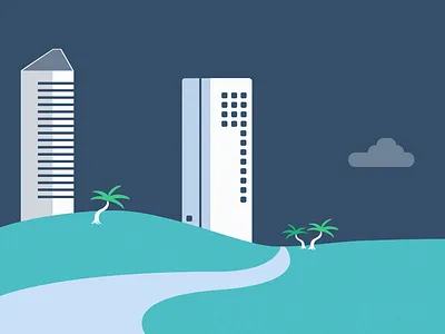 Beach City Illustration beach beaches city cover design flat illustration nature ocean palm leaves palm tree scene simple sky skyline texture tropical