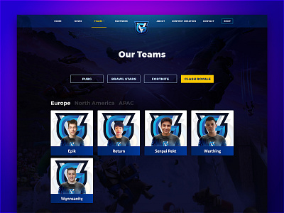 Teams Page - Vanguard eSports Website Redesign cards clash royale esports fortnite game gaming landing page page redesign section teams ui ux video video game web web design website