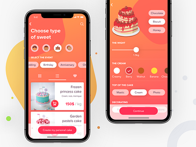 Cake making app birthday cake cakes cook dessert food gradient illustrations ios list product red shop store sweet taste ui