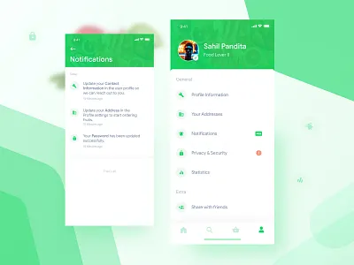 Fruits Subscription App - Profile & Notifications alert chat conversation design fitness food gradient green health home screen iphone x message messages nature notification notifications profile ui user user profile