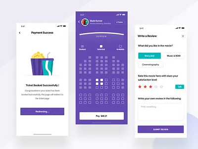 Movie booking app app design empty page ios landing page minimal movie rating seat selection success ui uikit