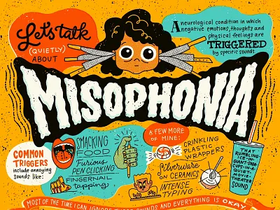 Misophonia anxiety awareness bad sounds chewing finger tapping illustration lettering misophonia neurology noise pen clicking table flip