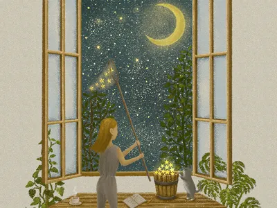 Catch The Stars artwork cat illustration illustration art midnight moon moonlight night painting star starry