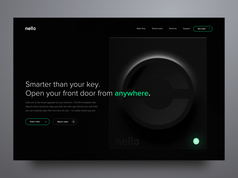 Nello 3D header animation 10clouds 3d clean dark design green interface landing page smooth ui uidesign