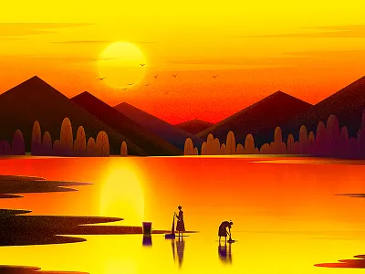 Sunset birds drawing illustration red river washing