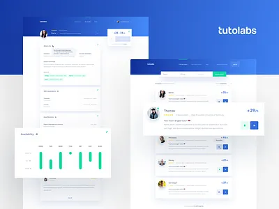 Tutolabs Tutor List & Profile blue cards clean gradient green interface learning minimal tutoring ui ux web