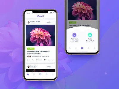 Moodit Calm App behaviour calm depression feed happiness happy home home screen iphone x mood moodit posts purple therapy
