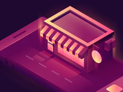 Mobile Commerce Illustration building ecommerce ecommerce shop gradient hero image illustration isometric lights smartphone store vector