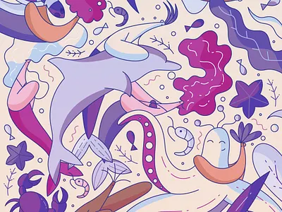 Under The Sea characters crab cute dolphin fish hiwow illustration mermaid ocean octopus sea shrimp water
