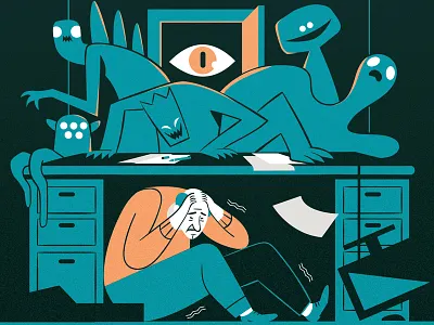6 Fears of Management 😱 contrast design desk eye fear flat flatdesign ghost hidding illustration manager monsters scared shaking vector work workspace