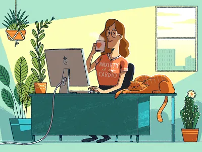 Calculated Risks business cat character color editorial illustration plants small business stylized