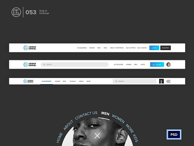 Header Navigation | Daily UI challenge - 053/100 animation burger menu daily ui daily ui 053 dark ui ecommerce free psd free ui kit freebies george samuel header navigation hero section interaction interaction design landing page menu navbar user experience user interface ux