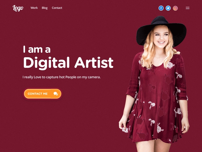 Portfolio Website animation artist banner branding button design colors hamburger menu header design header font interaction landing page landing page design landing screen menu social buttons website website banner wireframe