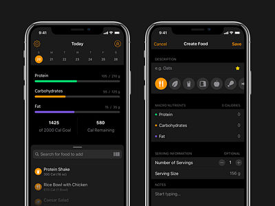 Macromon app dark fitness food food and drink health ios macros ui