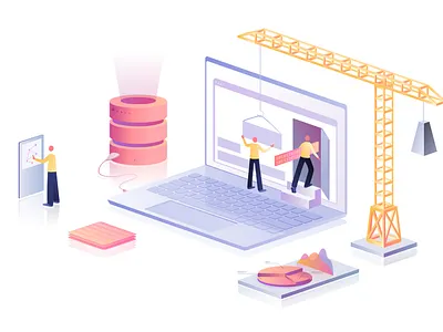 Software Development Illustration buiding data design graphic illustration isometric laptop programing software team vector web deisgn