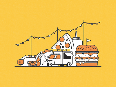 Pocket Cookbook - Guilty Pleasure burger festival flag flat food food truck hot dog illustration ketchup lemon lime line munchies pizza slice string lights taco texture vector vehicle vintage