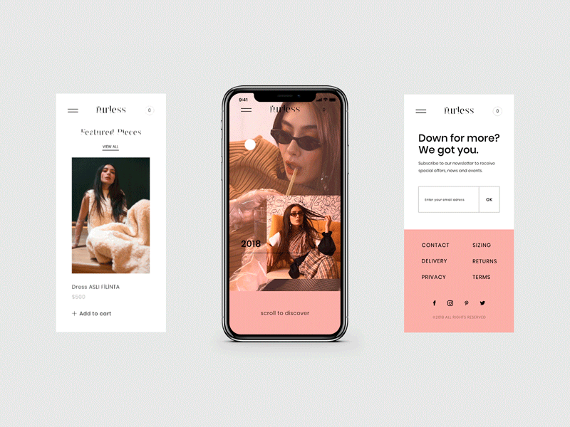Furless Fashion Store — Mobile animation art design e commerce fashion fashion store icon interaction iphonex layout luxury minimal mobile mobile animation motion pastel colors pointer typography ui ux