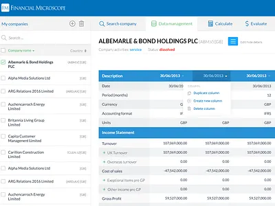 Financial Microscope app blue branding cms crm finance financial homepage icon table ui ux web web design