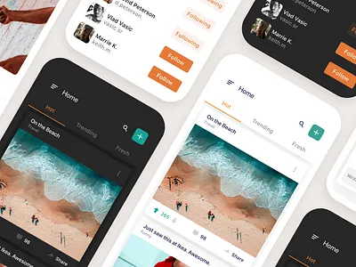 HeySah App app black cards clean dark design follow fun light minimal mode posts ui ux white