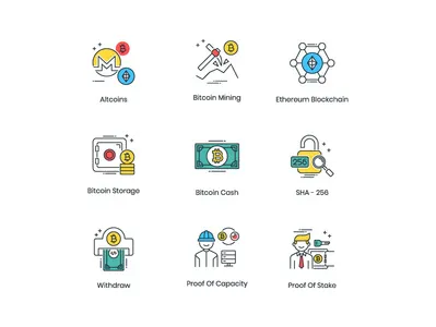 Cryptocurrency Icons altcoins bitcoin bitcoin cash bitcoin storage blockchain cryptocurrency cryptocurrency etherum icon lineart mining proof of capacity proof of stake sha 256 vector withdraw