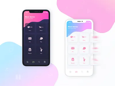 Music App - genres concept category icons category page dark theme design light theme mobile app music app music genre ui ui deisgn ui designer user interface ux