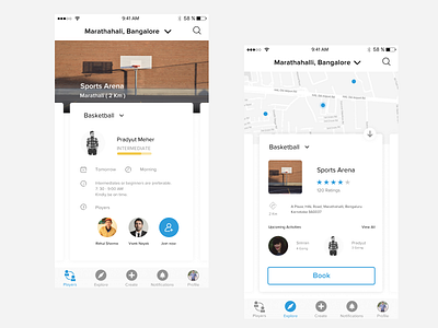 Find a right partner to pursue your hobby app basket book game home interface ios map nearby partner play player redesign sports swipe