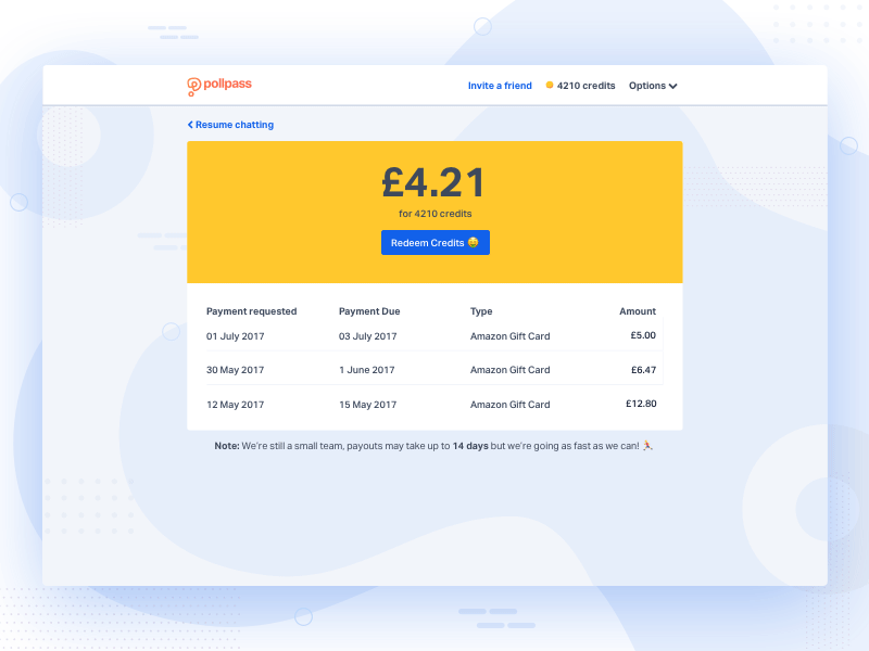 Look at me 👀 chatbot cool credits disabled button error state funny payments pollpass surveys ux wallet warning 🌴