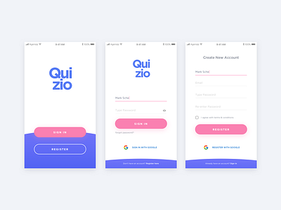 Quizio - Login and Registration Screen app blue form google login mobile pink quiz register signin signup ux