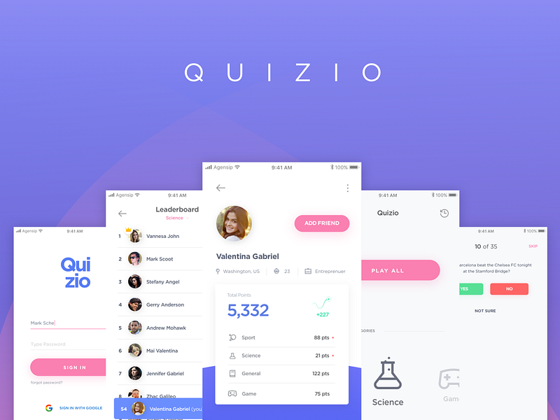 Quizio - A Daily Quiz Mobile App app design digital family life mobile pink purple quiz science ui urban ux