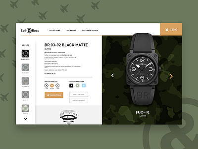DAILY UI #07 - Bell & Ross ( product page ) army branding camo colors dailyui design flat jetplane logo navigation pattern plane process product page sidebar sidebar menu time ui ui design watch