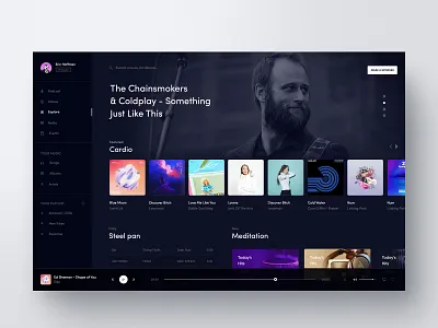 Music UI Design Exploration application ui design interface desktop desktop app discover music fluent fluent design music player new releases now playing view player radio popular album popular genres web client your music your playlist