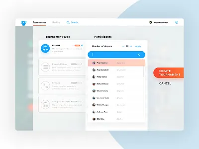 New tournament creation flow - types & players app dashboard fifa fluent game gaming input league list match navigation player search settings tabs tournament ui user ux web