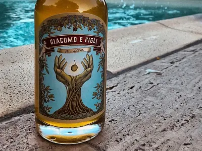 Label design for Olio Vitale bottle hand drawn label design liquid gold mystic mystical oil olive psychedelic sacred spiritual tree