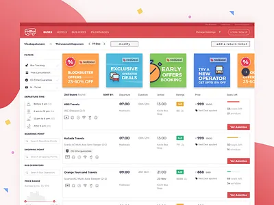 Redbus Search Results Desktop bus cards desktop filters list redbus redesign search search results travel ui website