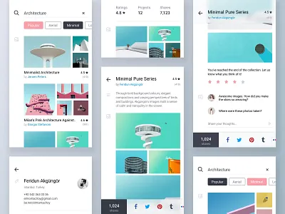 Gallery UI app architecture clean design leftalign minimal profile typography ui ux