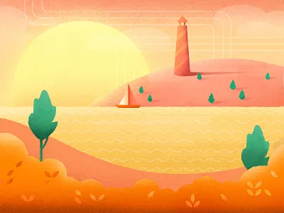 Lighthouse Illustration 💡🏡 boat cintiq pro design digital art grain illustration lake lighthouse orange photoshop sun