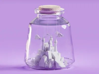 Castle in a jar b3d blender bottle castle illustration isometric jar low poly tree