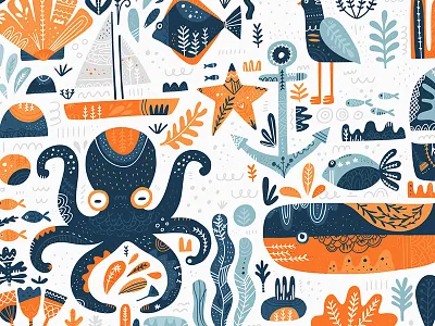 Nordic Sea cartoon clipart decoration doodle elements folk folklor hand drawn illustration marine nordic ocean ornament scandinavian sea vector