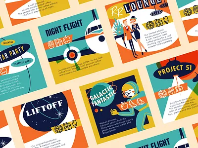 RetroRocket - Labels ✨ 60s coffee illustration labels mid century nevada new york packaging space